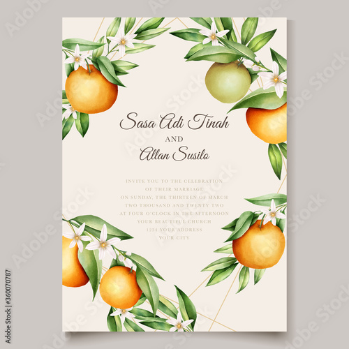 Botanical watercolor orange fruits wedding invitation card template