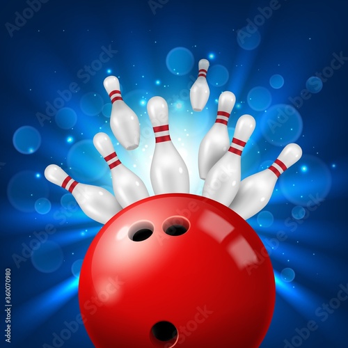 Strike in bowling alley 3d realistic vector. Pins flying aside after powerful kick of red ball. Bowling club or sport tournament background with knocked down skittles, ten-pin ball and light exposure