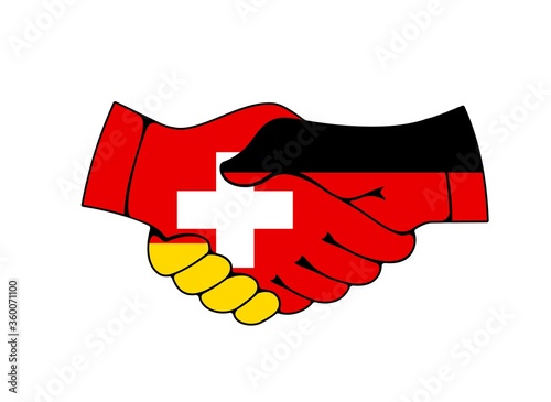Germany and Switzerland country flags, vector partnership handshake in colors of German and Swiss national banners. European countries trading and financial agreements, political relations concept