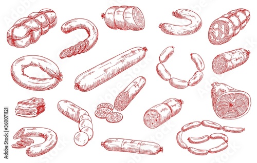 Sausages and meat products vector sketch set. Sliced salami, chorizo and pepperoni, bacon piece, hamon and mortadella, bratwurst or frankfurter sausages. Meat market, butchery, butcher shop products photo