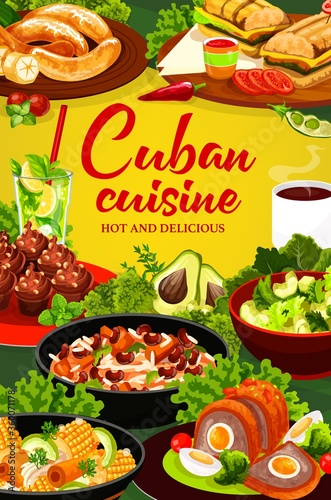 Cuban cuisine vector poster. Restaurant menu cover. Meals with meat, vegetables, fruit salads and bakery dessert. Cuban sandwich, fried bananas, coffee cupcakes, mojito, meatlof with egg, ajiaco stew