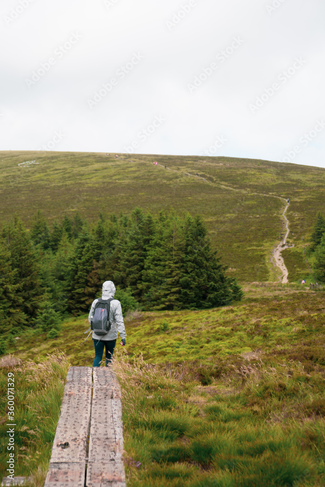 Girl (hiker) is walking on wooden path near Guinness Lake (Lough Tay) valley -  a movie and series location, such as Vikings. Close to Dublin City, popular tourist destination.