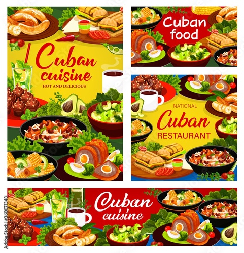 Cuban cuisine food vector banner set. Cuban restaurant meals, cupcake dessert, drinks. Ajiaco stew with vegetables, sandwiches, beans and rise, avocado salad, fried banana, meatloaf, mojito and coffee