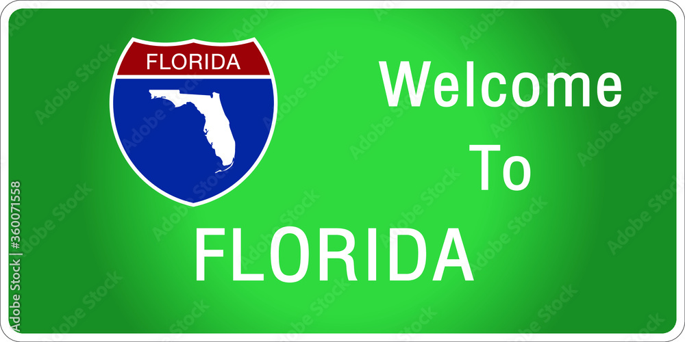 Roadway sign Welcome to Signage on the highway in american style Providing florida state information and maps On the green background of the sign vector art image illustration 
