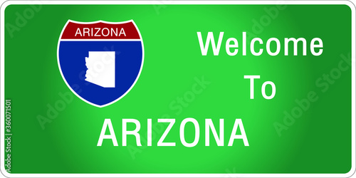 Roadway sign Welcome to Signage on the highway in american style Providing arizona state information and maps On the green background of the sign vector art image illustration 