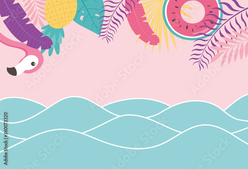 flamingo sea waves float exotic tropical leaves  hello summer