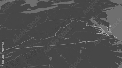 Virginia, state with its capital, zoomed and extruded on the bilevel map of United States in the conformal Stereographic projection. Animation 3D photo