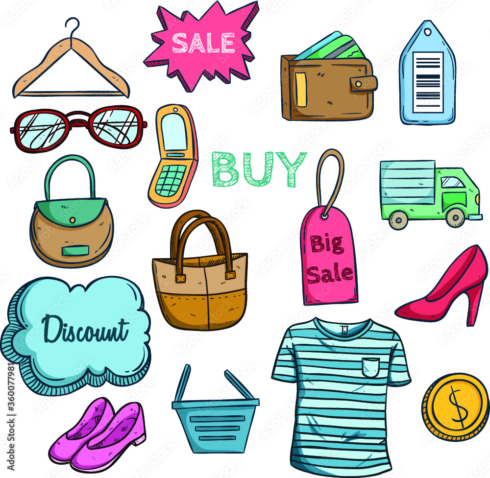 colorful online shopping sale icons with colored hand drawn style
