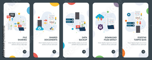 Set of concept flat design icons for backup, share, database, safety, file and documents. UX, UI vector template kit for web design, applications, mobile interface, infographics and print design.