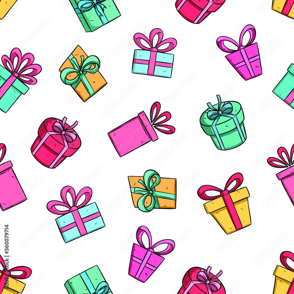 seamless pattern of gift box with colorful doodle art on white background