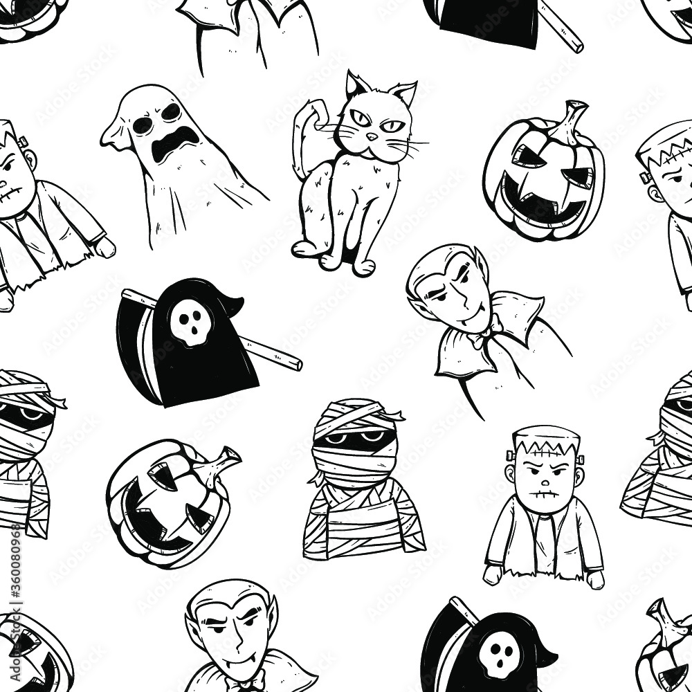 seamless pattern of halloween character or icon with doodle art