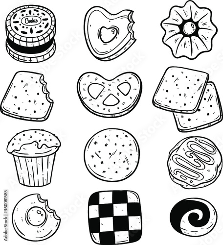set of cookie and biscuit sweet pastry snack food with doodle art