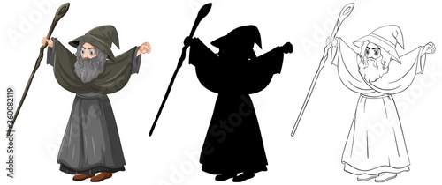 Wizard in color and outline and silhouette cartoon character isolated on white background