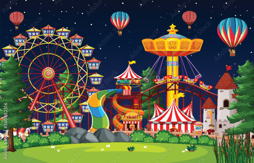 Amusement park scene at night with balloons in the sky Stock Vector ...