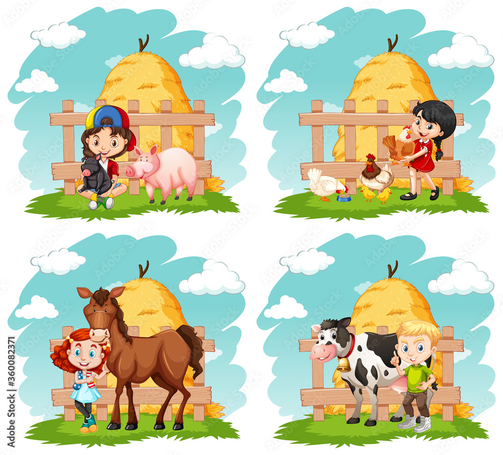 Happy children and farm animals on the farm