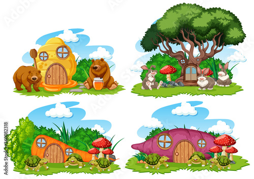 Set of fantasy houses in the garden with cute animals isolated on white background