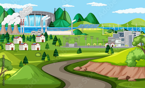 Manufactory and wind turbine and long road scene