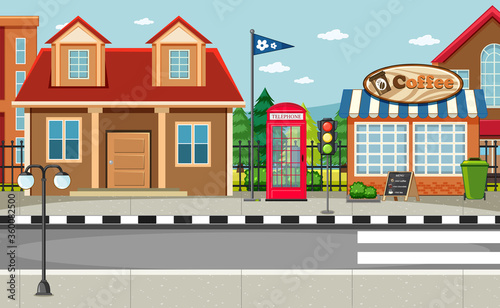 Street side scene with house and coffee shop scene
