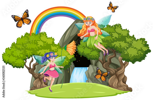 Fairy tales with waterfall cave and rainbow isolated on white background