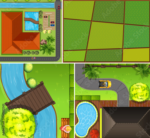 Set of aerial farm and river scene