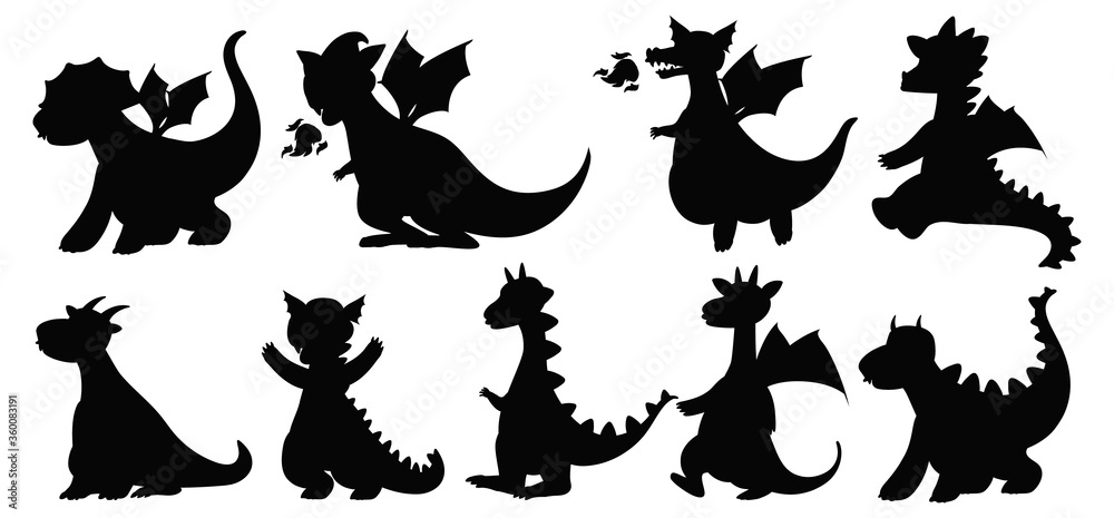 Different of dragons in silhouette isolated on white background Different of dragons in silhouette isolated on white background
