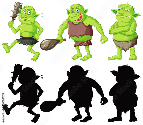 Goblin or troll holding hunting tool in color and silhouette in cartoon character on white background