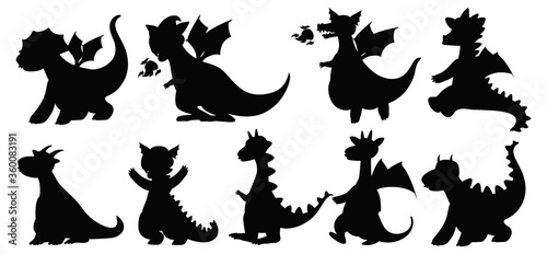 Different of dragons in silhouette isolated on white background