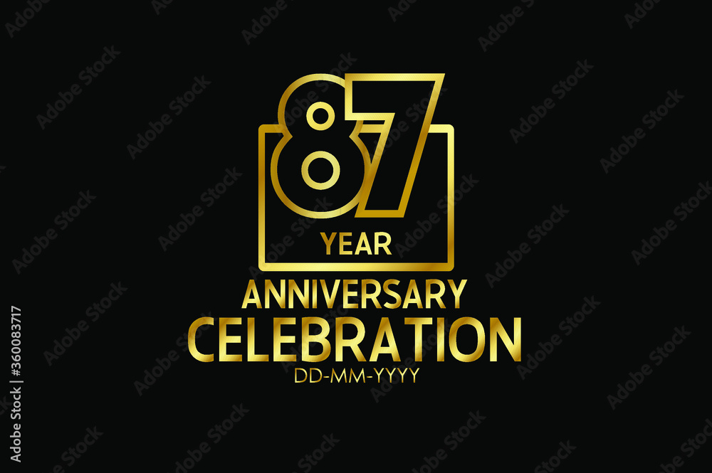 87 year anniversary celebration Block Design logotype. anniversary logo with golden isolated on black background - vector