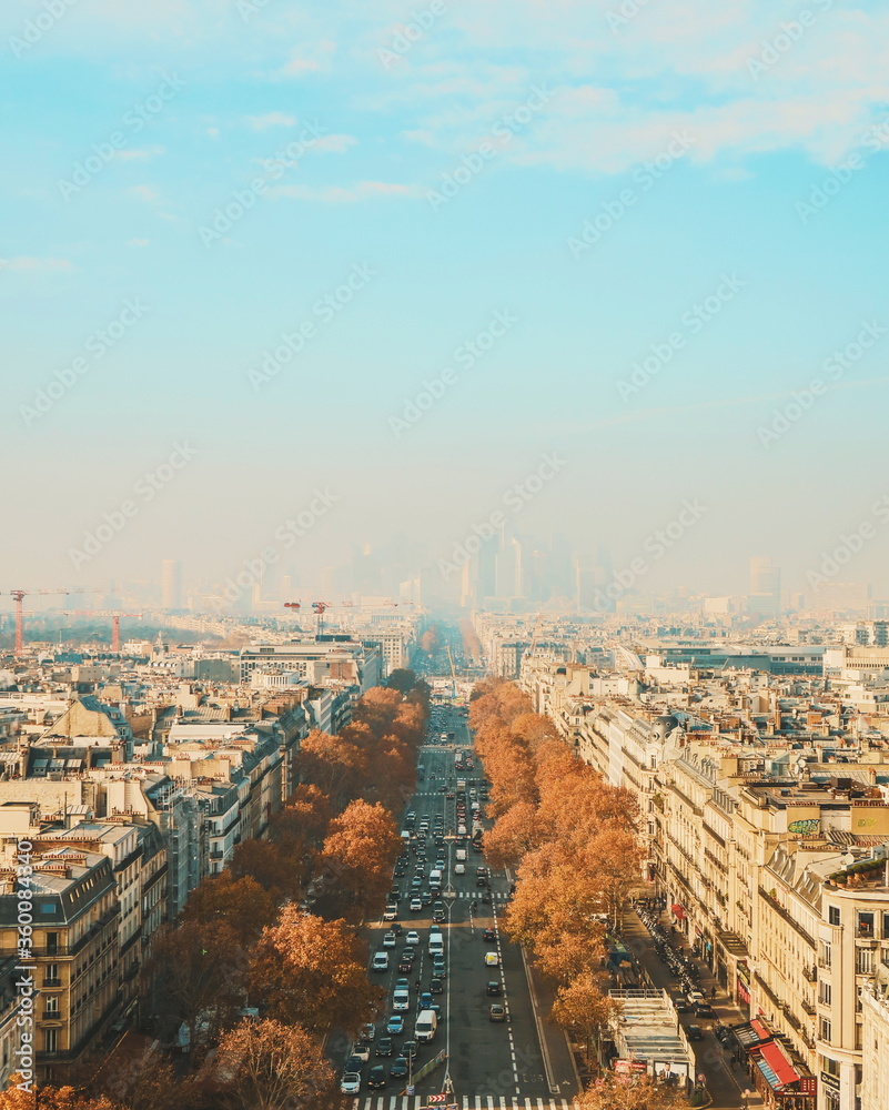 View of Champs Élysées Avenue from the top of Arc de Triomphe, Paris, France