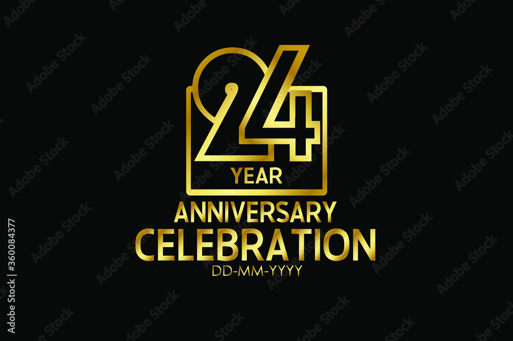 Naklejka premium 24 year anniversary celebration Block Design logotype. anniversary logo with golden isolated on black background - vector
