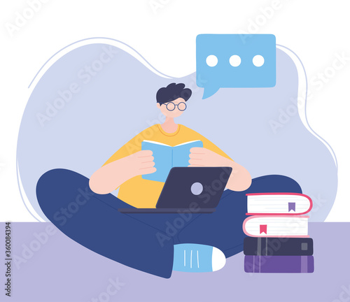 stay at home, guy reading book with laptop, self isolation, activities in quarantine for coronavirus