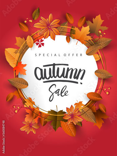 Autumn Sale Background, Hand Drawn Autumn calligraphy with falling leaves, Web Banner, shopping sale or seasonal poster, Postcard and Invitation card. Vector illustration