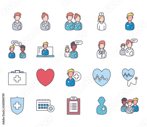 doctor and medical care line and fill style icon set vector design