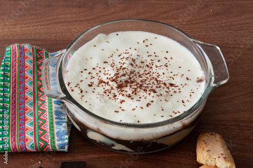 Pave: typical brazilian dessert made with chocolate, ladyfiger biscuit and sweet white cream.