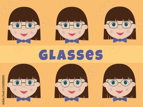 Different shape of eyeglass frames. Set types of glasses. Vector illustration of a girl with glasses.