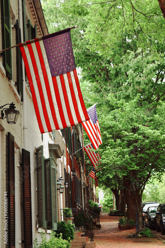 American flags displayed along a scenic sidewalk street.