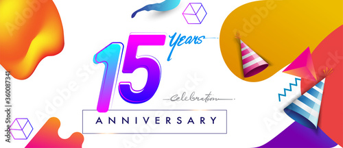 15th years anniversary logo, vector design birthday celebration with colorful geometric background and abstract elements