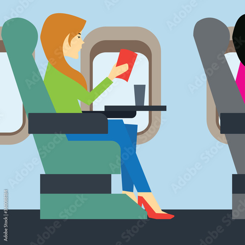 passengers doing work on airplane business class cabin.  vector illustration