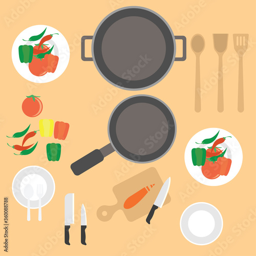 top view of  man working at kitchen table. vector illustration 