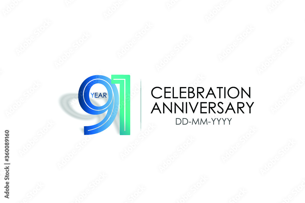 91 years anniversary celebration Blue and Tosca Colors Design logotype. anniversary logo isolated on White background, vector Horizontal number design for celebration, invitation card -vector