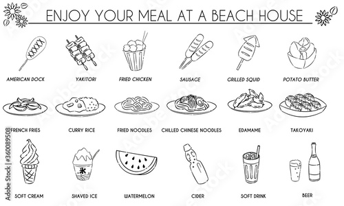 海の家の食べ物線画セット