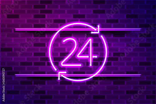 24 hours, convenience store glowing purple neon sign or LED strip light. Realistic vector illustration