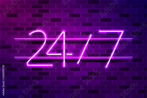 24 hours, convenience store glowing purple neon sign or LED strip light. Realistic vector illustration