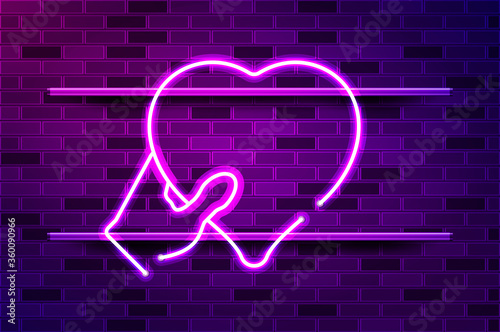Hand gives heart glowing purple neon sign or LED strip light. Realistic vector illustration