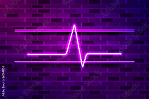 Heart beat cardiogram glowing purple neon sign or LED strip light. Realistic vector illustration