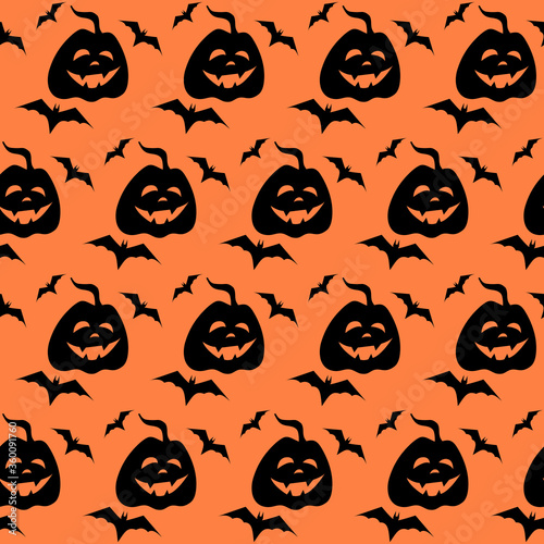 Pumpkin jack lantern and bat vector seamless pattern. Black silhouette of seamless texture. Spooky Halloween. Textile, wrapping paper, wallpaper design, packaging. Orange and black color. Illustration