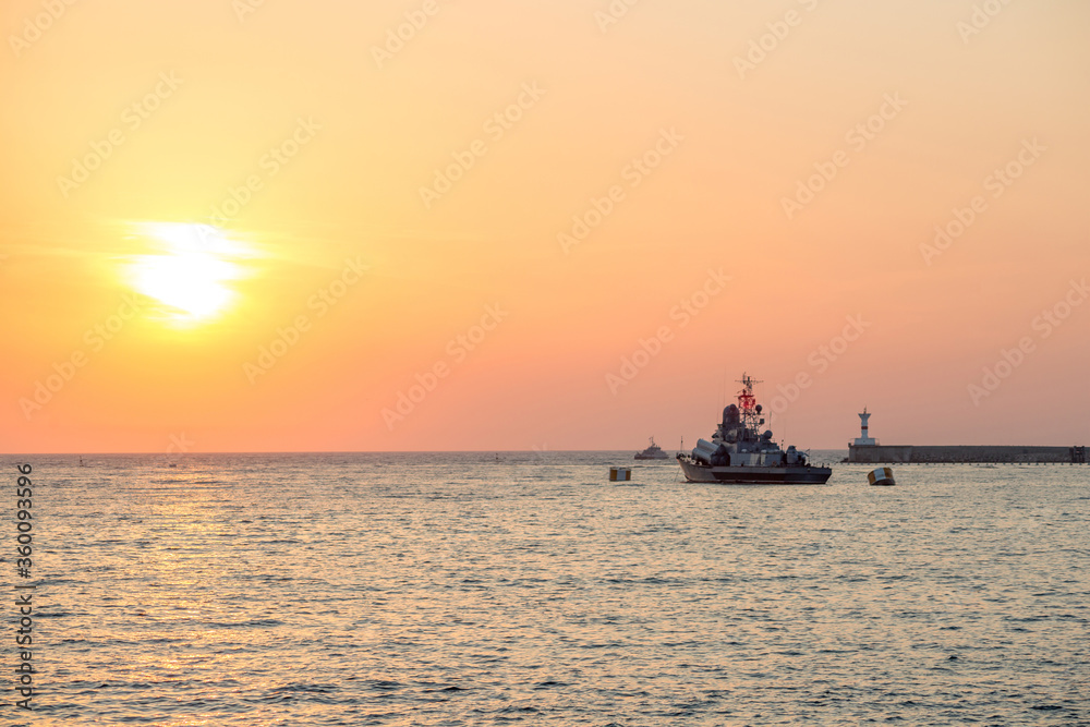 Sunset in Sevastopol overlooking the military ships of the Russian Navy