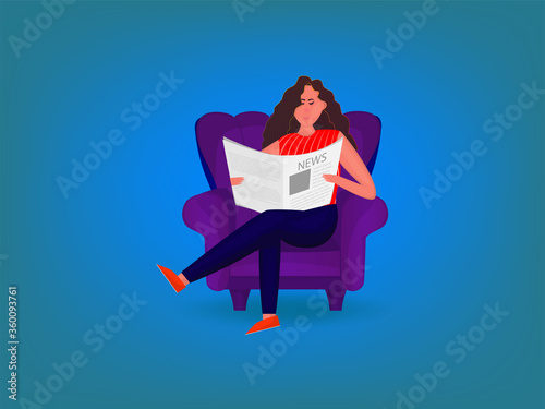 A young woman sat and read a newspaper on the sofa in the morning sunshine. Is an activity to stay at home, read a book without going out crowded outdoors. Vector illustration design.