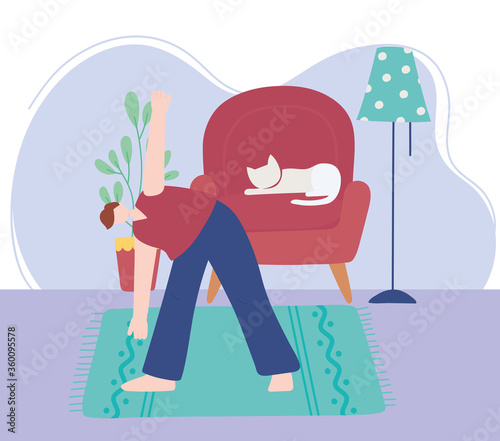 stay at home, man practicing yoga in room, self isolation, activities in quarantine for coronavirus