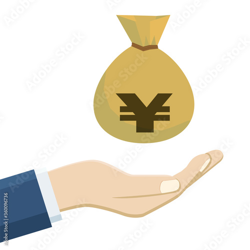 手のひら掌の上に浮かぶドル袋円袋のイラスト｜投資資産運用金融のイメージイラスト